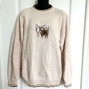 Men's Crewneck Sweater with Deer Motif - Cream